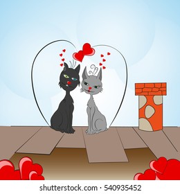 lovers cats on the roof of the house on the day of valentine