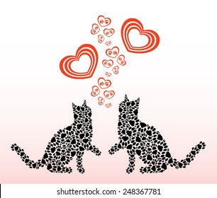 Lovers of cats from the cat's tracks with a stream of hearts