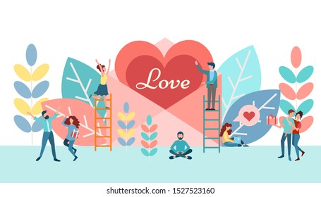 Lovers celebrate Valentine's day, write each other love confessions, give gifts, hug and have fun. Heart in an envelope and happy people. Vector illustration.