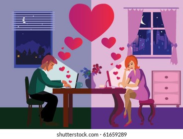 Lovers chatting over internet.Vector illustration.