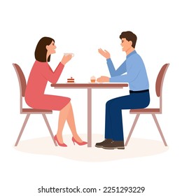 Amantes charlando en el restaurante. Pareja enamorada tomando café. Hombre y mujer pasan tiempo juntos. Día de San Valentín. Ilustración del vector