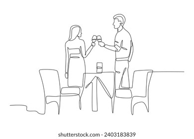 Lovers cheer a glass of alcohol. Candle light dinner one-line drawing