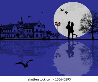 Lovers in the city at blue night, vector illustration