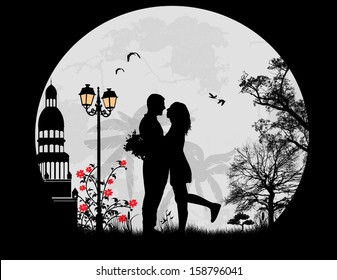 Lovers in the city in front a full moon, vector illustration