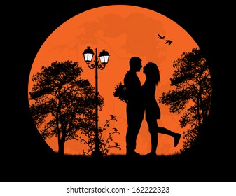 Lovers in the city park in front a full moon, vector illustration