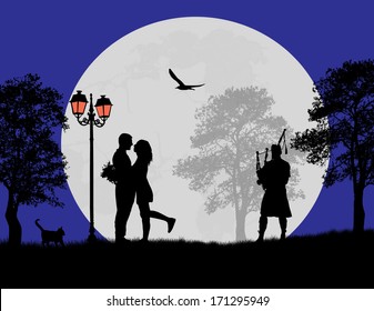 Lovers in the city park in front a full moon, vector illustration