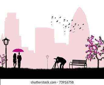 Lovers in a city park and photographer background, vector illustration