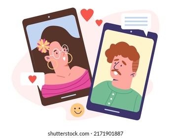 Lovers communicate via video call flat style, vector illustration isolated on white background. Happy woman and sad man on mobile phone screens, long distance relationship