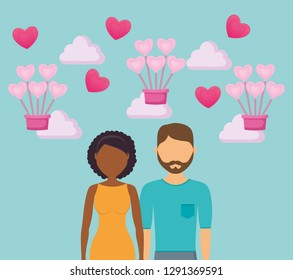 lovers couple and balloons air hot with heart shape