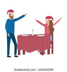 lovers couple with christmas hat in dinner table vector illustration design