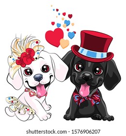 Lovers couple of cute cartoon labrador retriever dogs, black labrador gentleman in a hat and bow tie and white labrador lady in skirt and flower hat