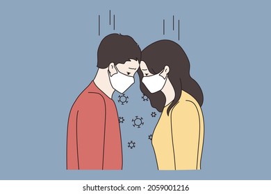 Lovers couple in facial masks suffer from corona virus world pandemic restrictions. Unhappy man and woman in facemasks in covid-19 times. Love and distance. Date in epidemics. Vector illustration. 