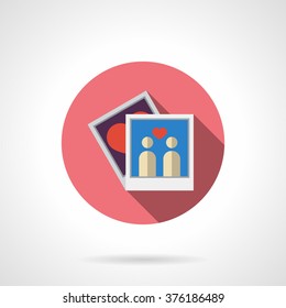 Lovers couple or family photo. Love story. Relationship and friendship moments. Pink round vector icon, long shadow. Element for web design, business, mobile app.