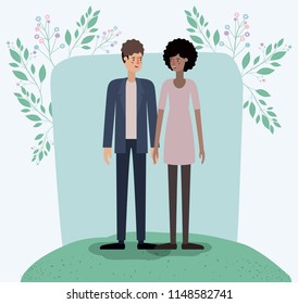 lovers couple in the grass with leafs frame