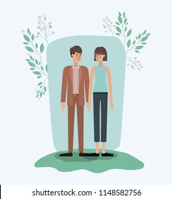 lovers couple in the grass with leafs frame