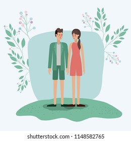 lovers couple in the grass with leafs frame
