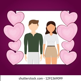 lovers couple with hearts floating