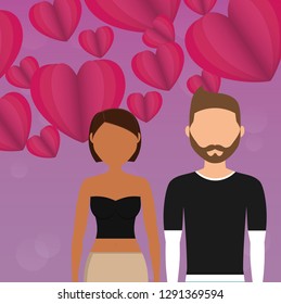 lovers couple with hearts floating