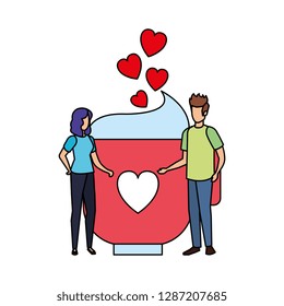 lovers couple with hearts floating and coffee cup