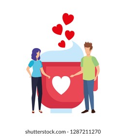 lovers couple with hearts floating and coffee cup