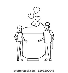 lovers couple with hearts floating and coffee cup