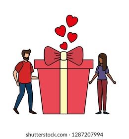 lovers couple with hearts floating and gift