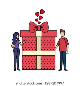 lovers couple with hearts floating and gift