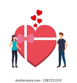 lovers couple with hearts floating and gift