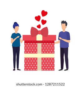 lovers couple with hearts floating and gift