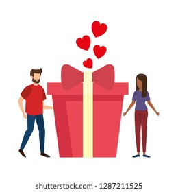 lovers couple with hearts floating and gift