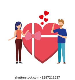 lovers couple with hearts floating and gift