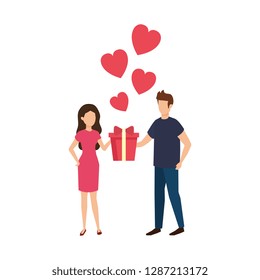 lovers couple with hearts floating and gift