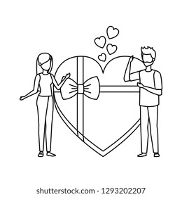 lovers couple with hearts floating and gift