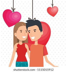 lovers couple with hearts hanging avatars characters