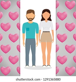 lovers couple with hearts pattern background