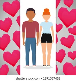 lovers couple with hearts pattern background