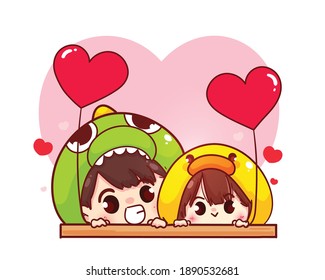 Lovers couple holding heart shaped balloon Happy valentine cartoon character illustration Premium Vector