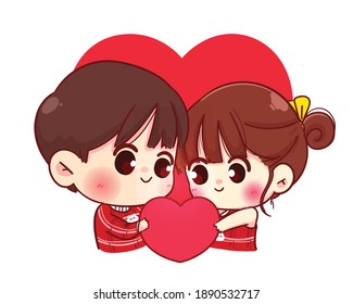 Lovers couple holding read heart together Happy valentine cartoon character illustration Premium Vector