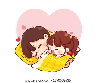 Lovers couple hugging on blanket Happy valentine cartoon character illustration Premium Vector