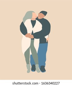 Lovers couple hugging smiling happy modern fashion design in earthy tones. Diverse loving partners hugging standing. Flat modern figures people print design.