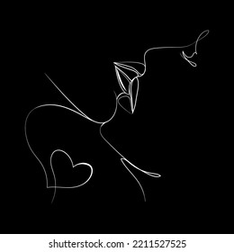 Lovers couple kissing Minimal art Face drawing Vector illustration on black background.Line Art Abstract Men and woman kissing.Couple print, Kiss print,Valentines Day Illustration.