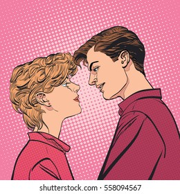 Lovers couple kissing, Romantic kiss. Romance valentine's day  illustration. Happy Valentine's day. Concept idea of advertisement and promo. Halftone background. Pop art retro style illustration. 