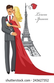 Lovers couple kissing.Man and  woman in red dress,Eiffel tower. Wedding invitation,romantic card,design template.Love Vector illustration .Valentine day