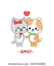 Lovers couple of kittens. Amor. Valentine day card. Cartoon, kawaii, vector eps 10