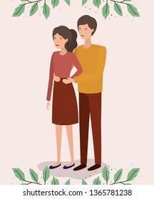 lovers couple with leafs crown characters