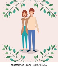 lovers couple with leafs crown characters