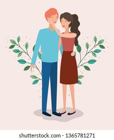 lovers couple with leafs crown characters