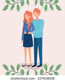 lovers couple with leafs crown characters