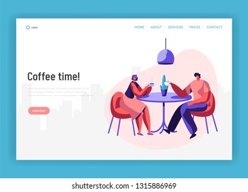 Lovers Couple or Pair Friend Sit at Table Drink Coffee have Discussion Landing Page. Smiling Man and Woman Friendly Meeting at Cafe Website or Web Page. Flat Cartoon Vector Illustration