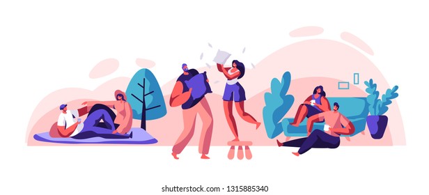 Lovers Couple Relax Spend Time Together Set. Man and Woman Sit on Comfort Sofa Drink Tea or Coffee. Happy Pair Picnic at City Park. Carefree Pillow Fight Flat Cartoon Vector Illustration